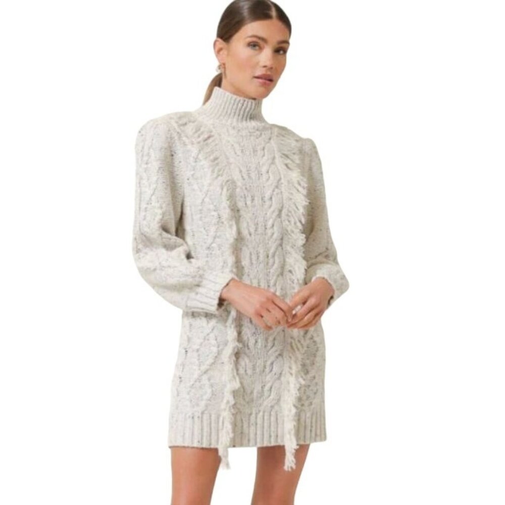 NEW Line & Dot Daria Fringe Trim Mini Sweater Dress, Size Large in Ivory